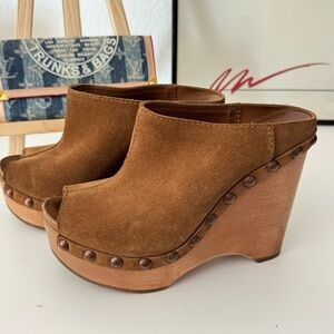 Pedro Garcia Camel April Suede Wooden Open toe Wedge Pumps Slides Size 38